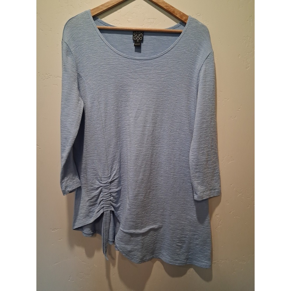 Clara Sun Woo Wmn's M Blue Asymmetrical Cinch 3/4 Sleeve Slub Knit Tunic Stretch